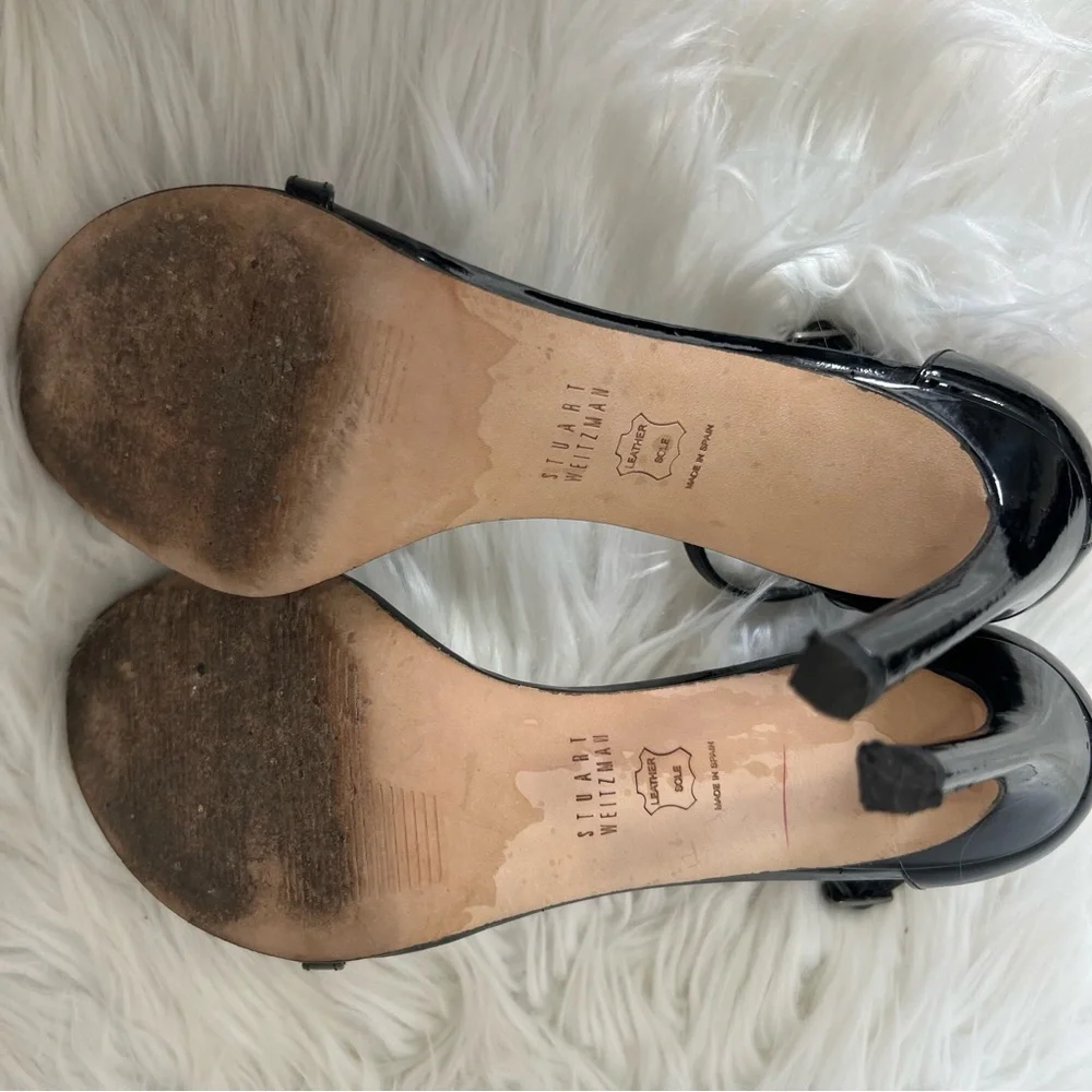 Stuart Weitzman Nudistsong Glossy Black Leather Sleek Chic High Heels Size 8.5